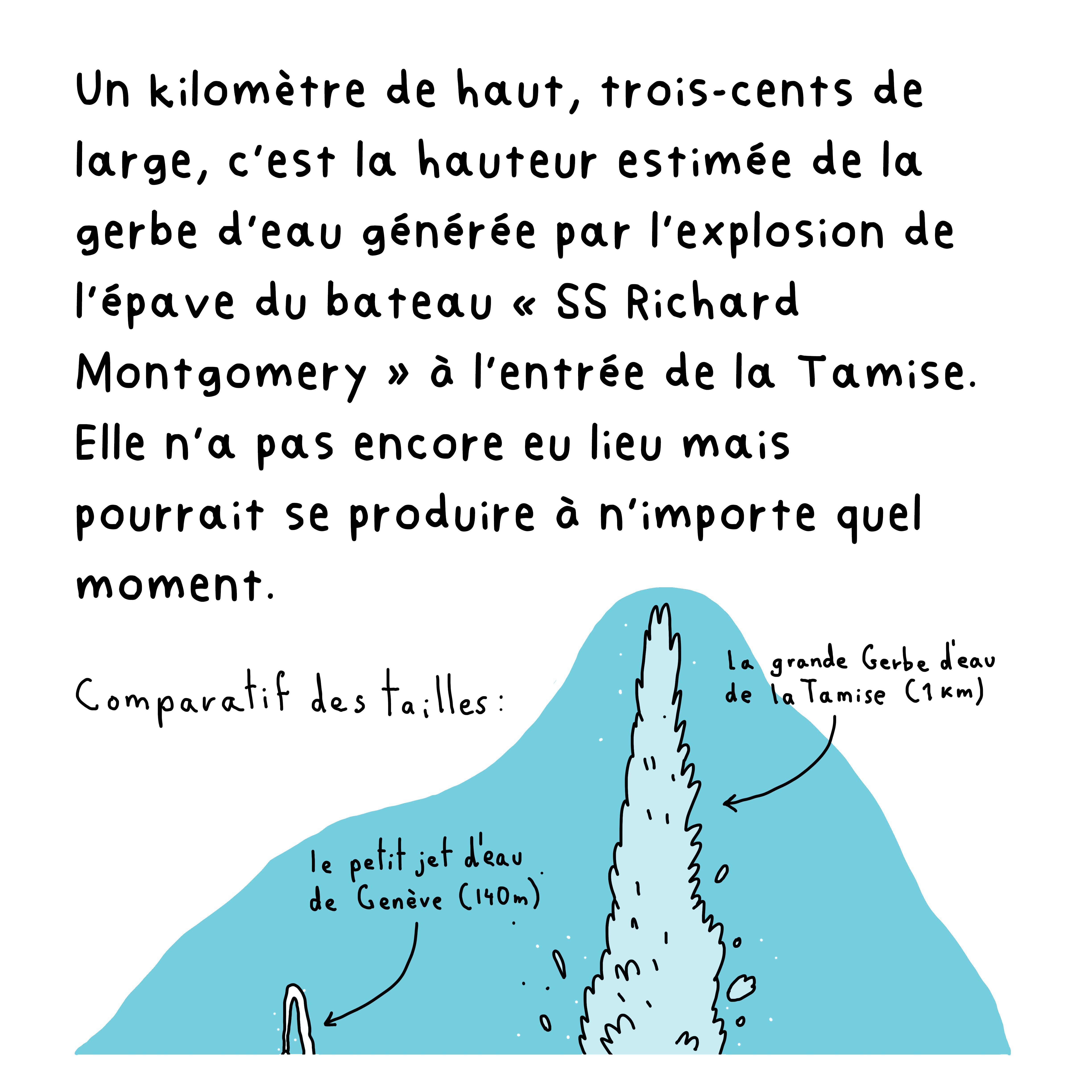 Un kilomètre de haut, trois-cents de large, c’est la hauteur estimée de la gerbe d’eau générée par l’explosion de l’épave du bateau « SS Richard Montgomery » à l’entrée de la Tamise. Elle n’a pas encore eu lieu mais pourrait se produire à n’importe quel moment.